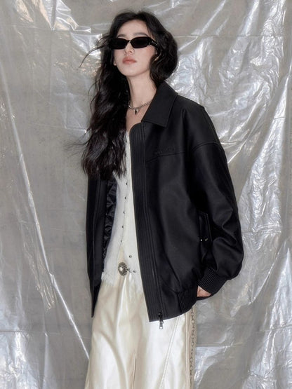 Black Matte Leather Loose Jacket 【s0000005619】