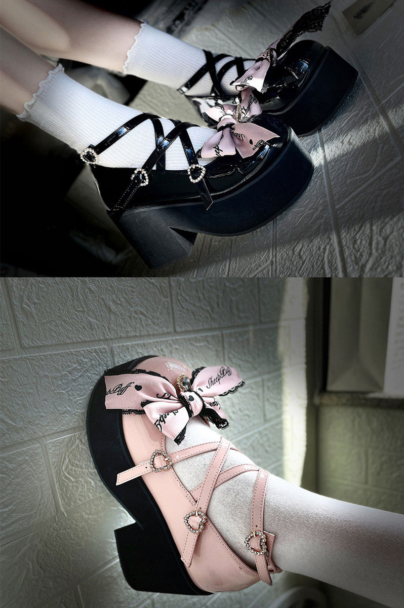 Sheep Puff - Black Pink Japanese Lolita Thick Heel Shoes