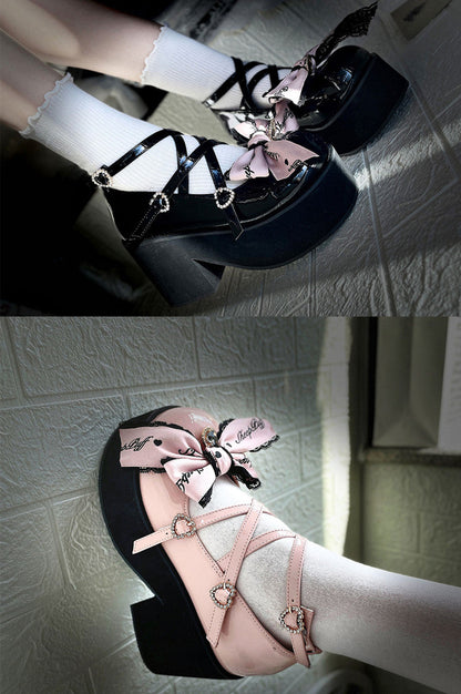 Sheep Puff - Black Pink Japanese Lolita Thick Heel Shoes