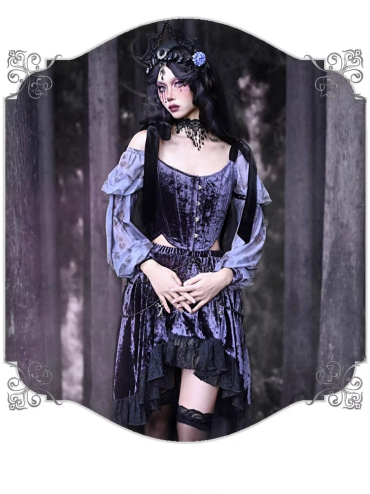 Gothic Velvet Balloon Sleeve Shoulder Ribbon Blouse【s0000003865】