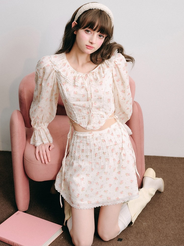 Floral Frill Collar Cropped Shirt ＆ A-Line Mini Skirt【s0000003850】
