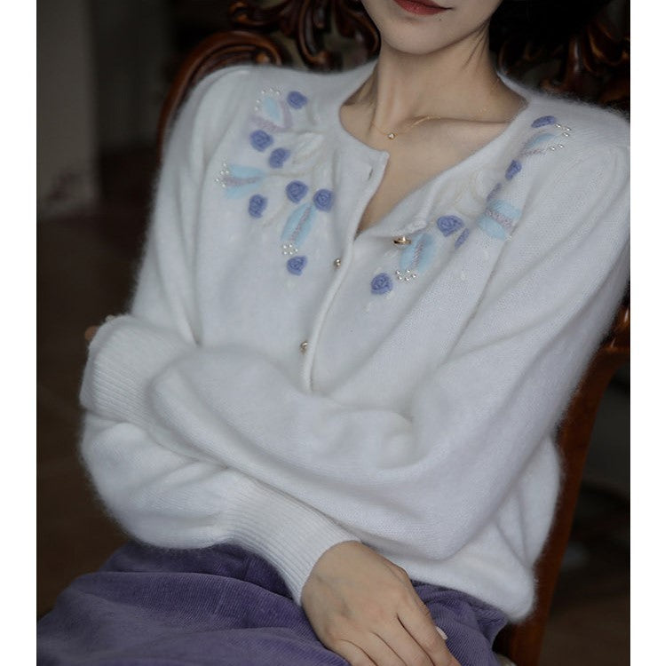 blue flower embroidery knit cardigan