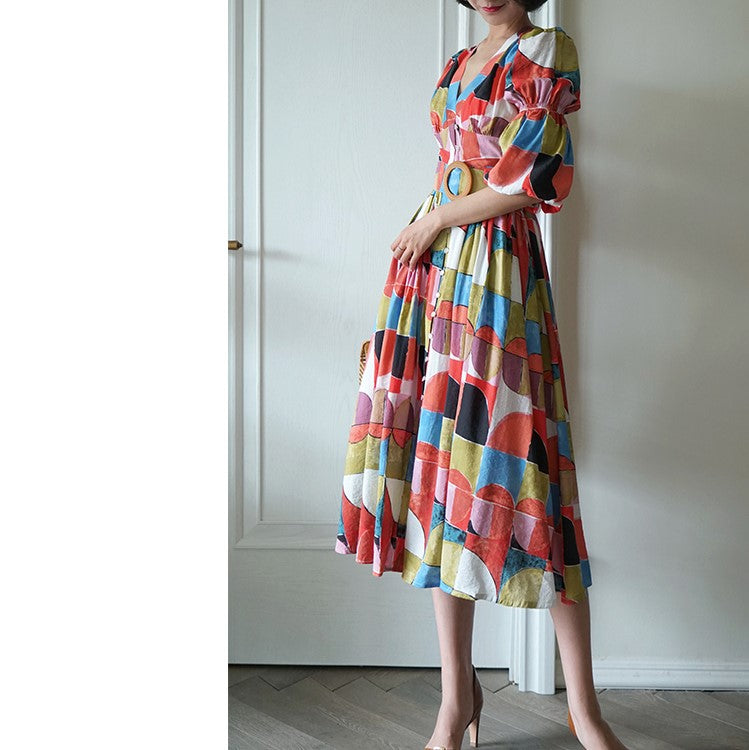 Geometric pattern oil painting dress