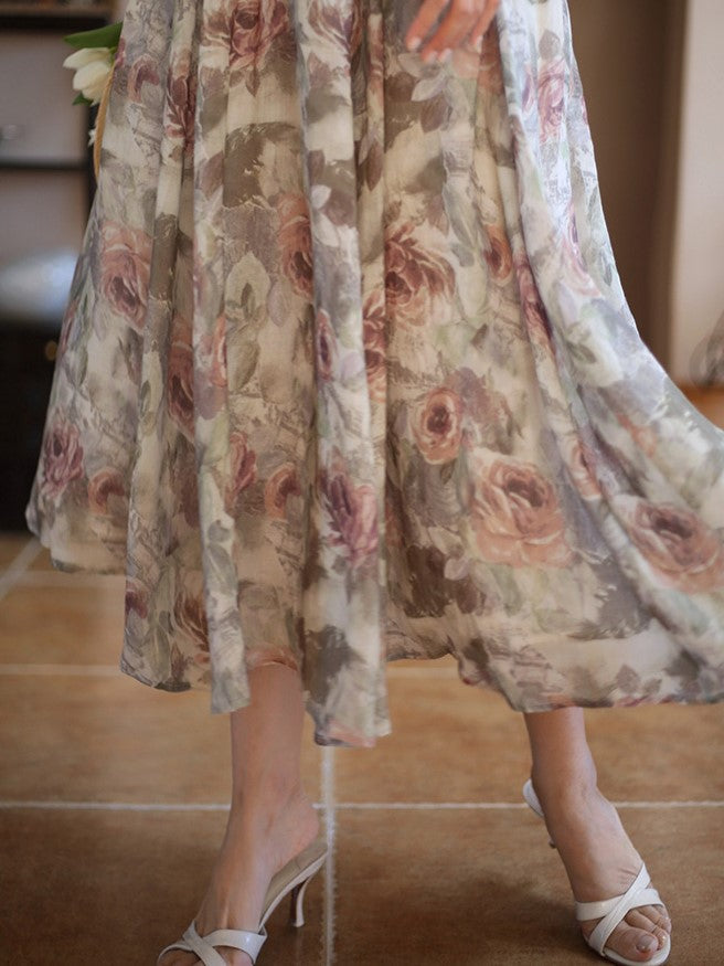 Oil painting rose pattern retro skirt