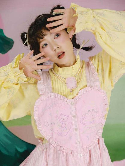 Cat Embroidery Drawstring Heart Layered Apron Dress【s0000007762】