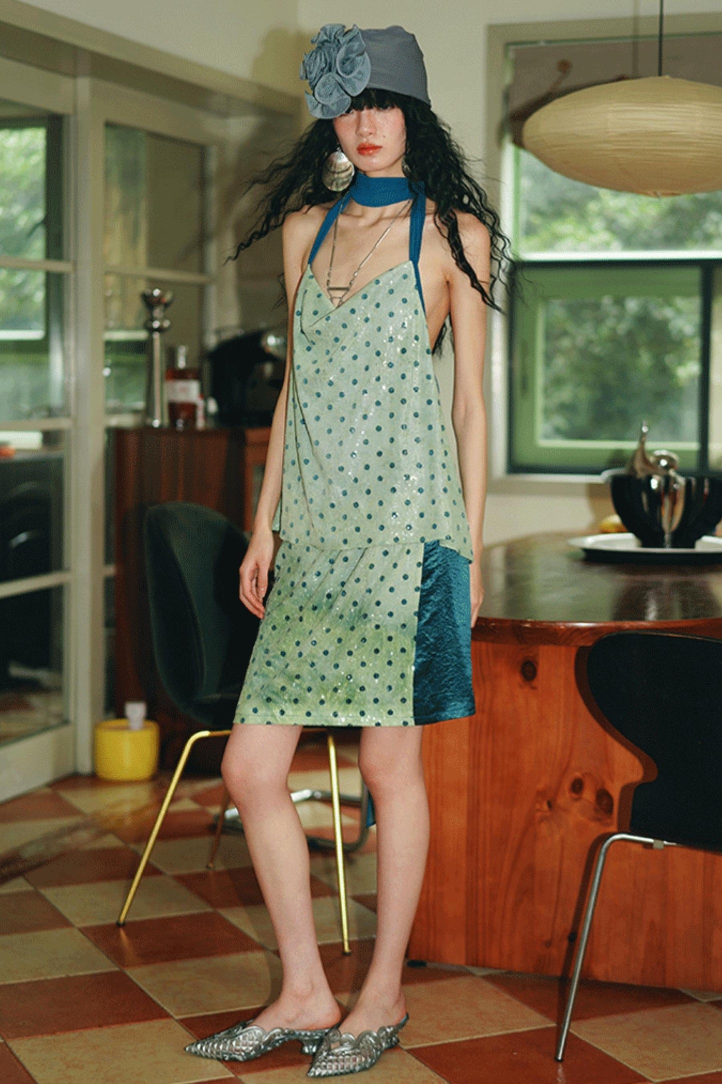 Sequin Dot Backless Resort Skirt Set-Up