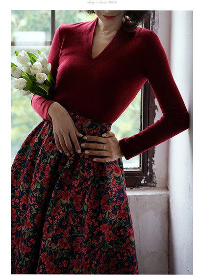 red flower jacquard skirt