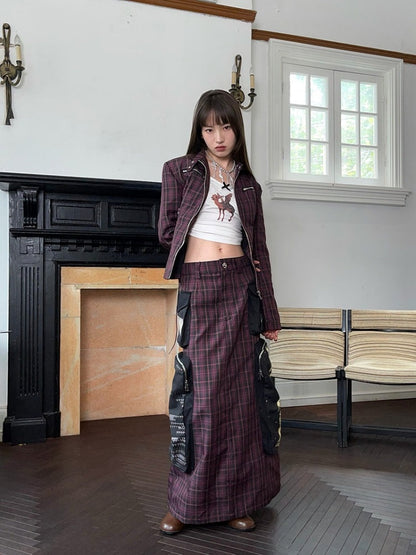 Plaid Zipper Short Jacket & Patch Pocket Long Skirt【s0000003884】