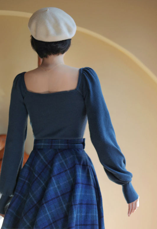 Blue Indigo Checkered Umbrella Skirt