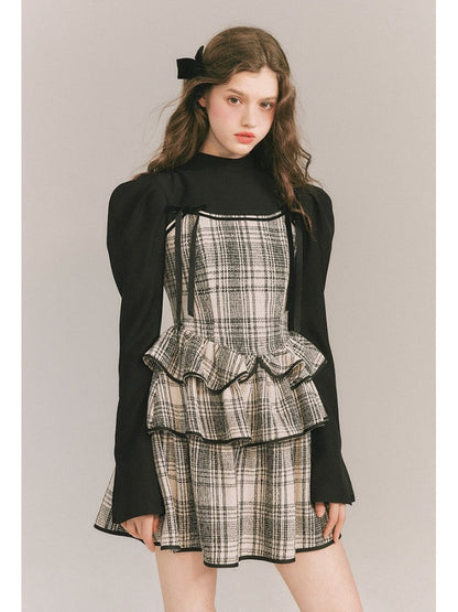 Plaid Cake Skirt Faux Two Piece Dress【s0000003859】