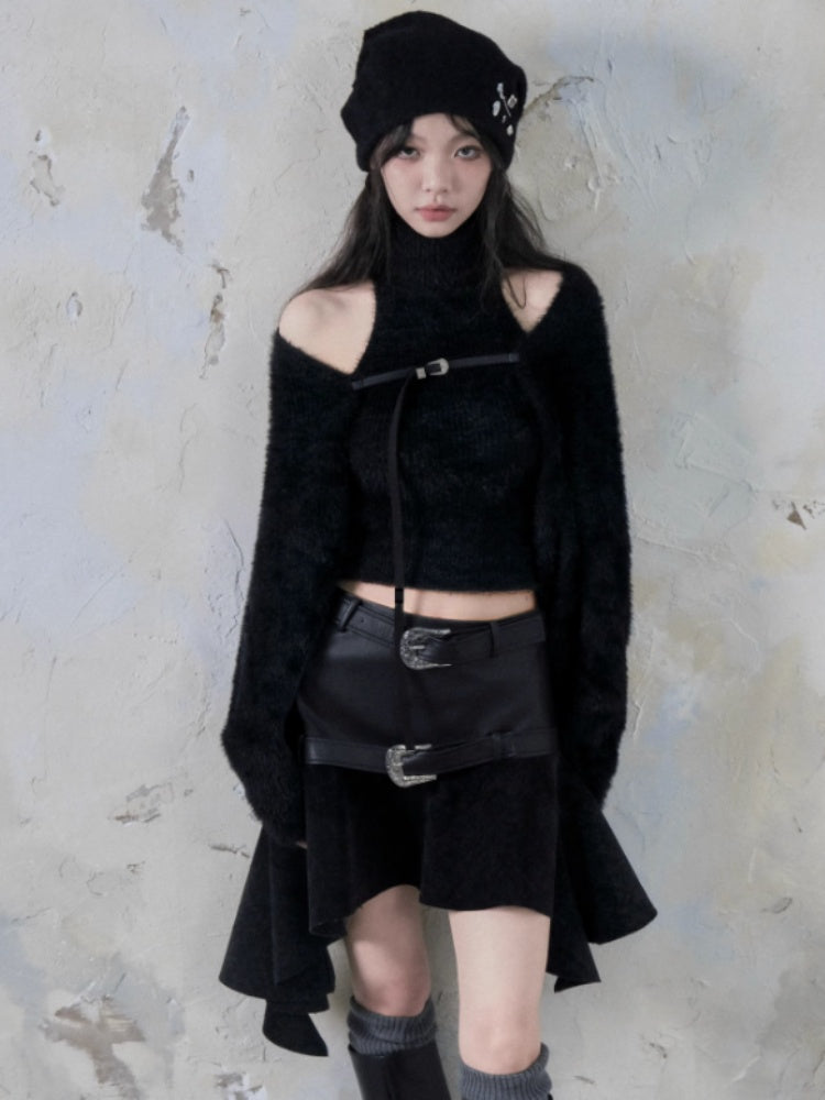 Belt Accent Irregular PU Leather Switching Mini Skirt【s0000004401】