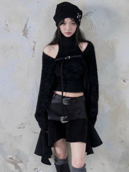 Belt Accent Irregular PU Leather Switching Mini Skirt【s0000004401】