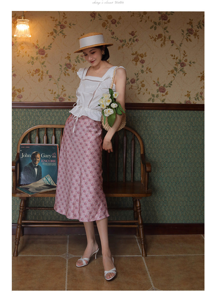 Pink flower pattern french skirt