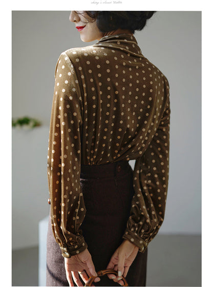 Blue polka dot velvet blouse