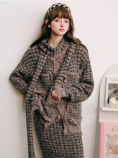 Knitted Fringe Cardigan Jacket With Stole ＆ Long Skirt【s0000003854】