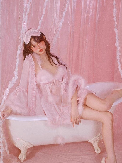 Sexy Pajamas Pink Halter Dress Robe Set【s0000006583】