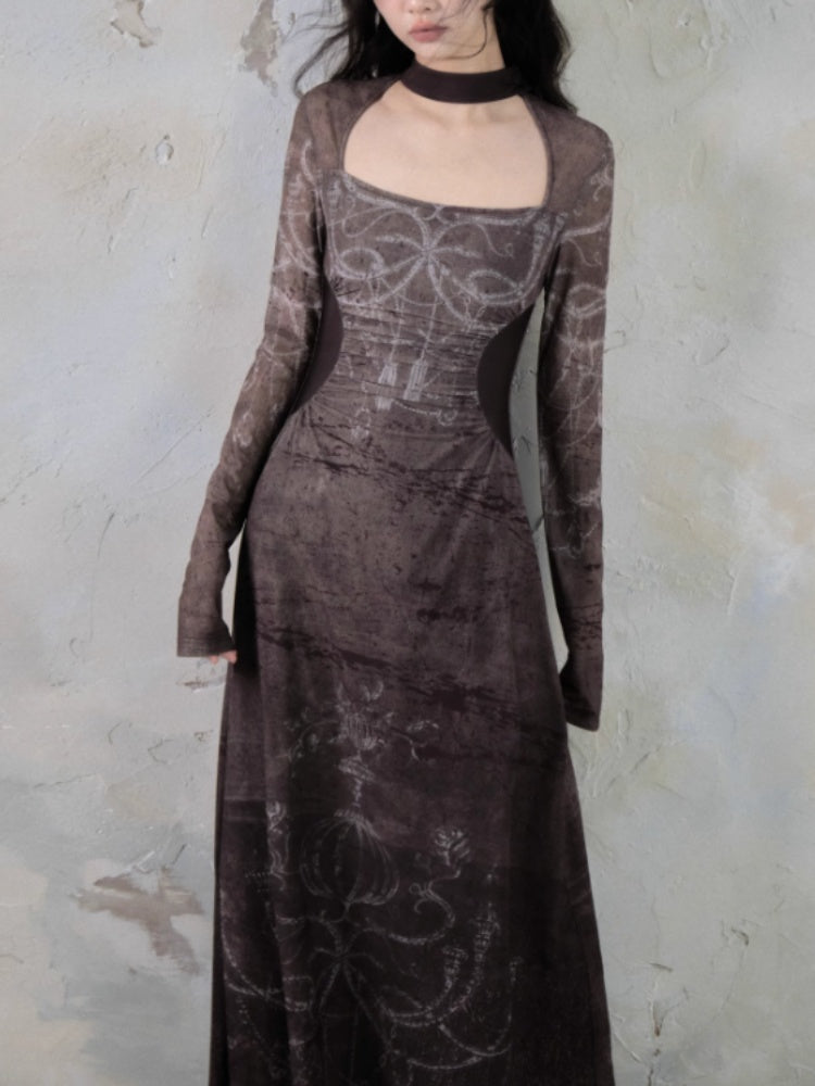 Square Neck Printed Waist Slim Long Dress【s0000004398】