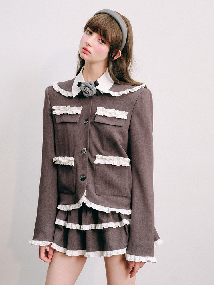Lace Stitch College Taste Jacket ＆ Puffy Mini Skirt【s0000003853】