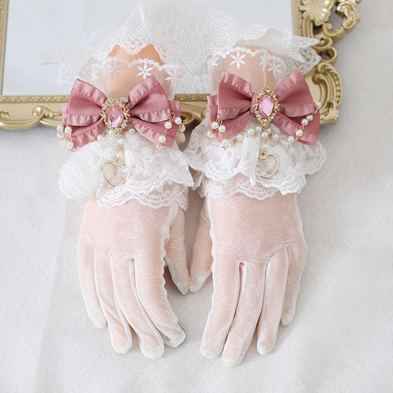 Xiaogui - Vintage Lolita Gloves Lace Bow Bead Chain Sunscreen Gloves