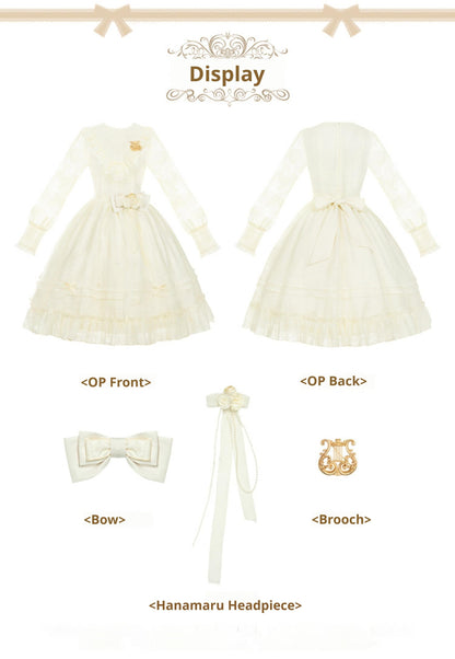 With PUJI - Floral Melody - Ivory Classic Lolita Long Sleeve OP Dress with Layered Bolero