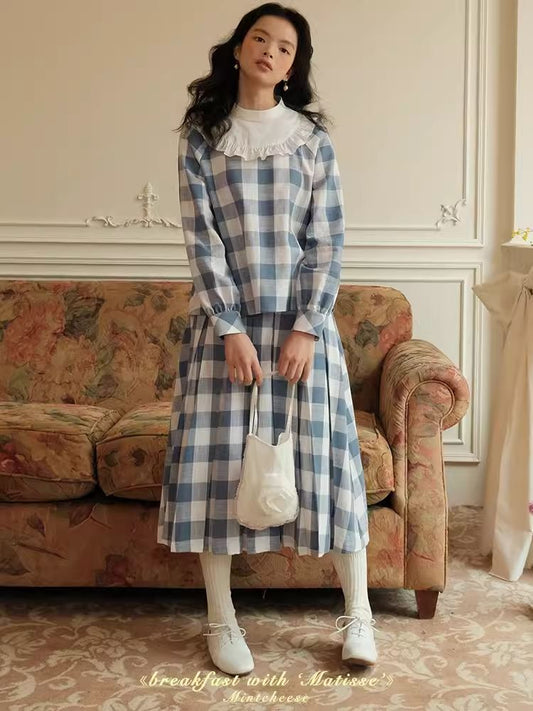 Standing Collar Check Linen Cotton Shirt/Pleated Skirt Set【s0000007483】