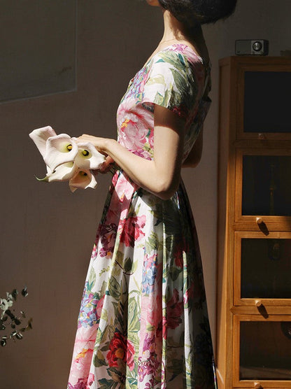 Baby pink and rosy floral pattern vintage dress