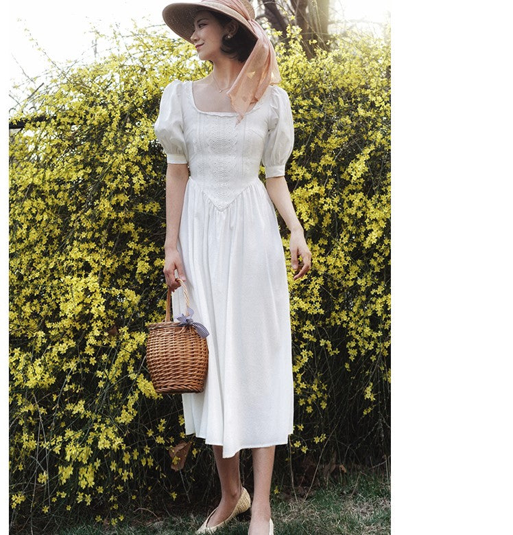 White thread embroidery vintage dress