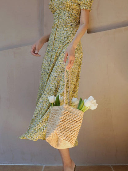 Yellow green bouquet french dress