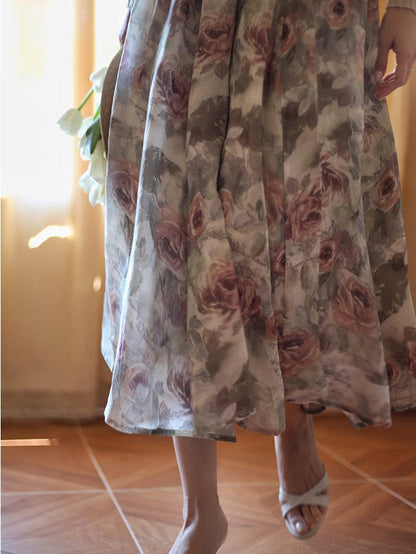 Oil painting rose pattern retro skirt