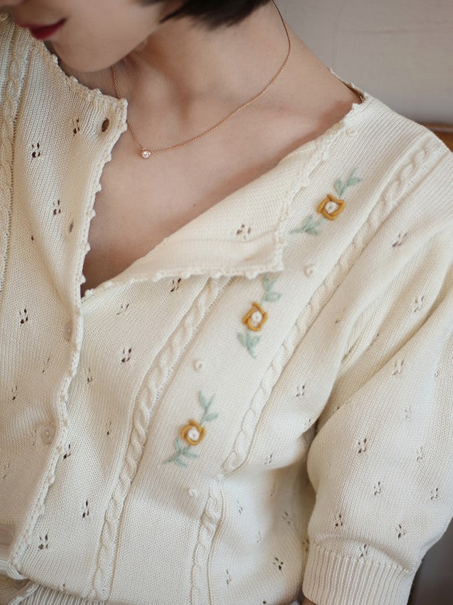 Ivory Flower Embroidered Knit Cardigan