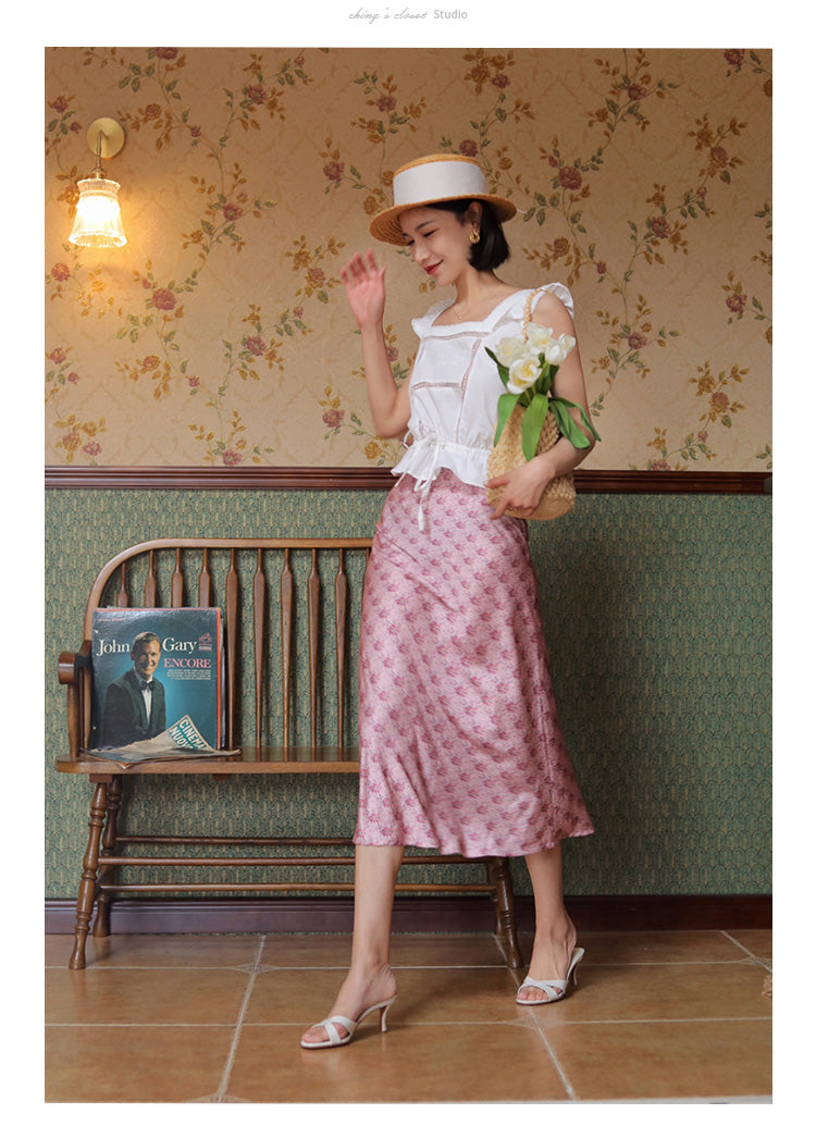 Pink flower pattern french skirt