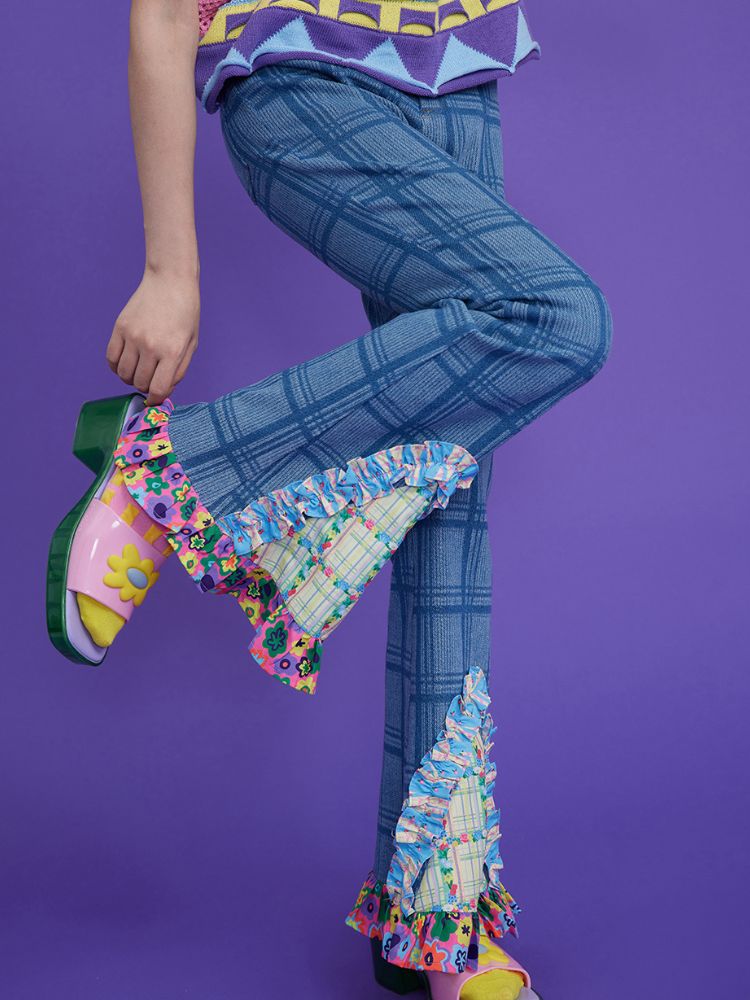 Plaid stretch slim fit slim high waist jeans【s0000002056】