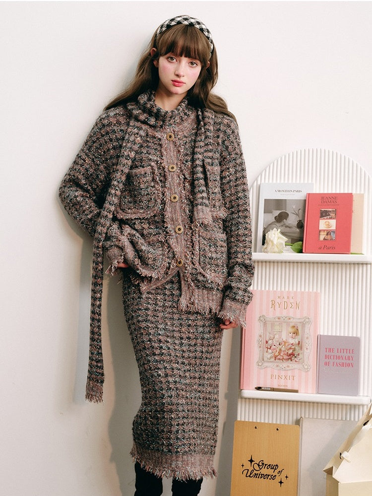 Knitted Fringe Cardigan Jacket With Stole ＆ Long Skirt【s0000003854】