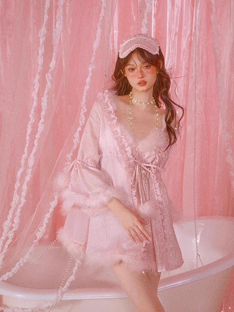 Sexy Pajamas Pink Halter Dress Robe Set【s0000006583】