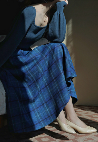 Blue Indigo Checkered Umbrella Skirt