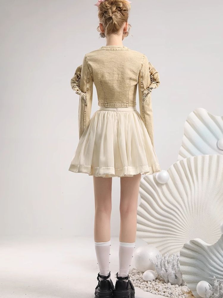 Khaki Denim Top Organza Half Skirt Two Piece Set【s0000006819】