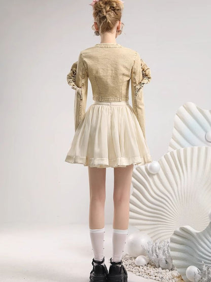 Khaki Denim Top Organza Half Skirt Two Piece Set【s0000006819】