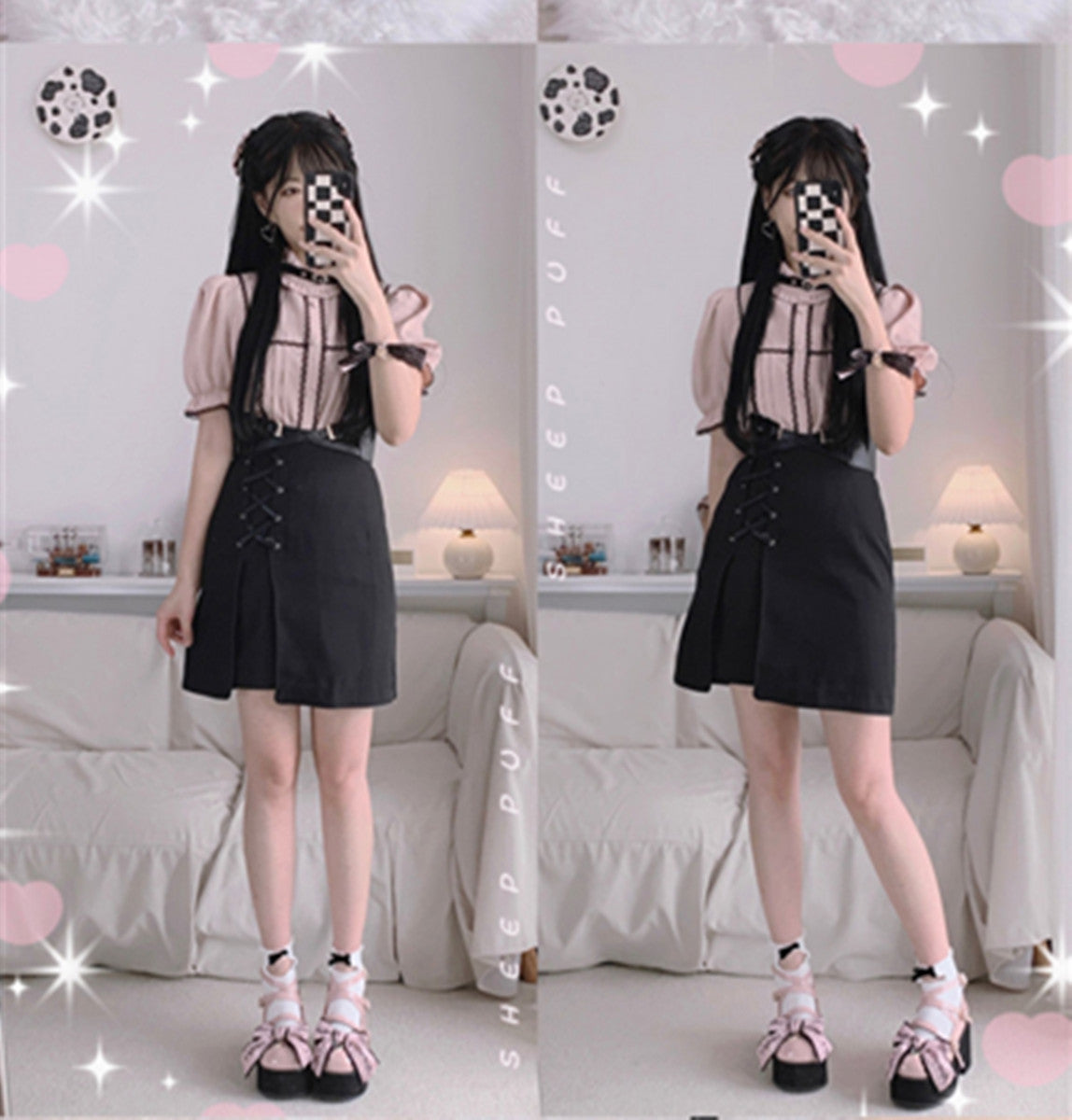 Sheep Puff - Black Pink Japanese Lolita Thick Heel Shoes