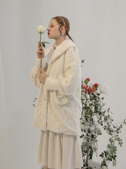 Embroidery Flower Lace Faux Fur Long Coat【s0000003855】