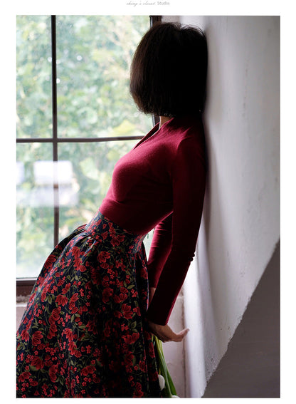 red flower jacquard skirt