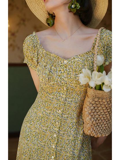 Yellow green bouquet french dress