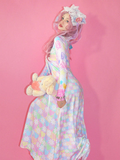 Flower Chess Board Print Long Dress【s0000003569】