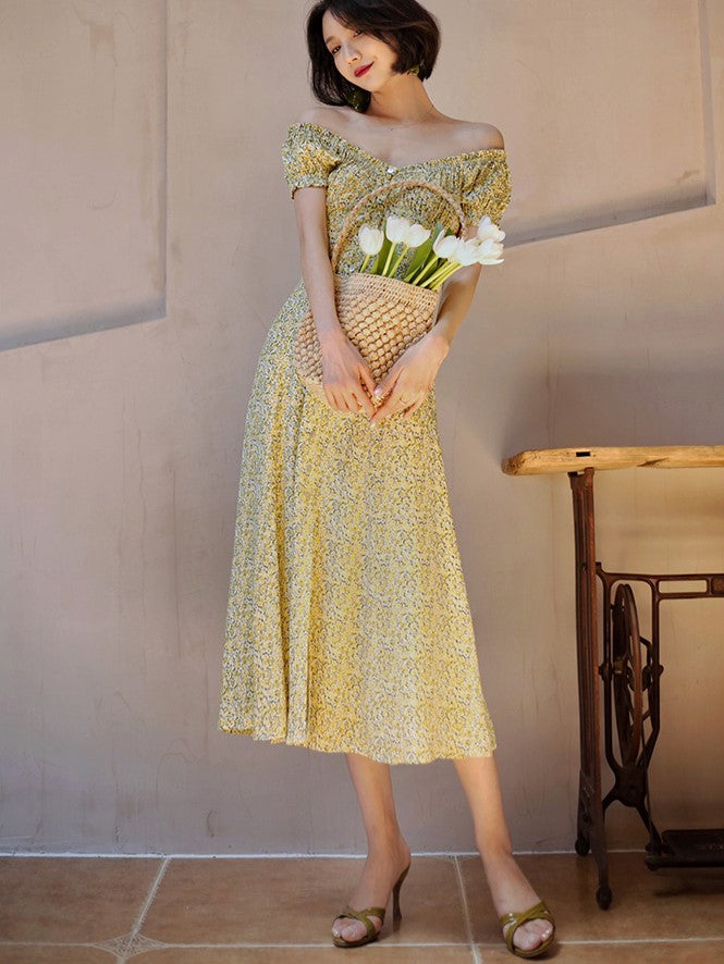 Yellow green bouquet french dress