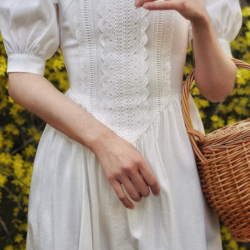 White thread embroidery vintage dress