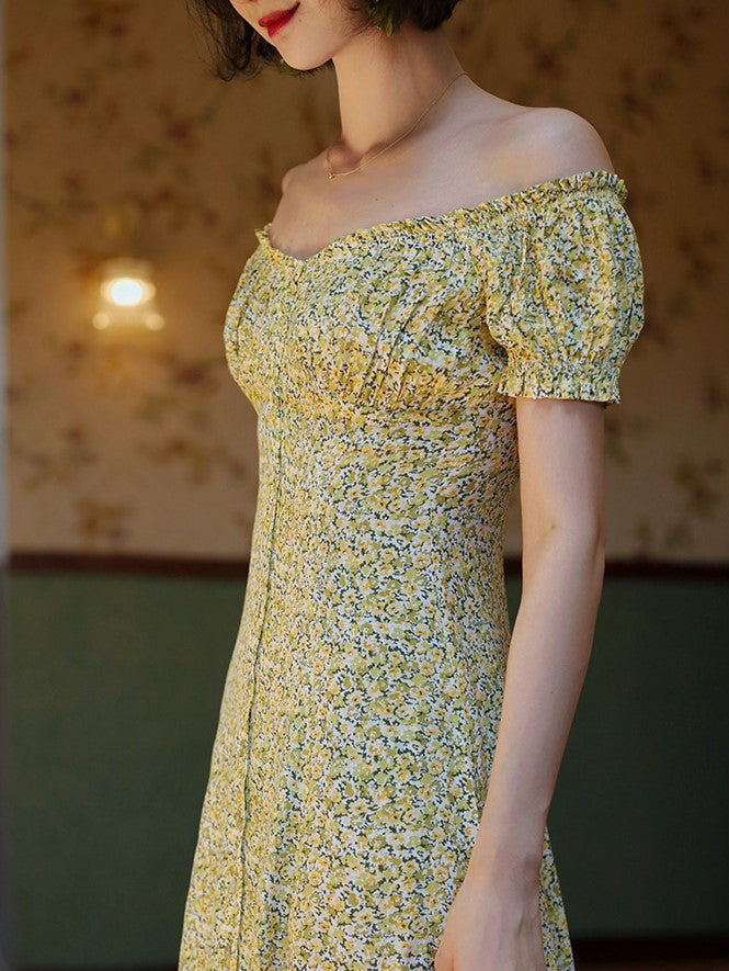 Yellow green bouquet french dress