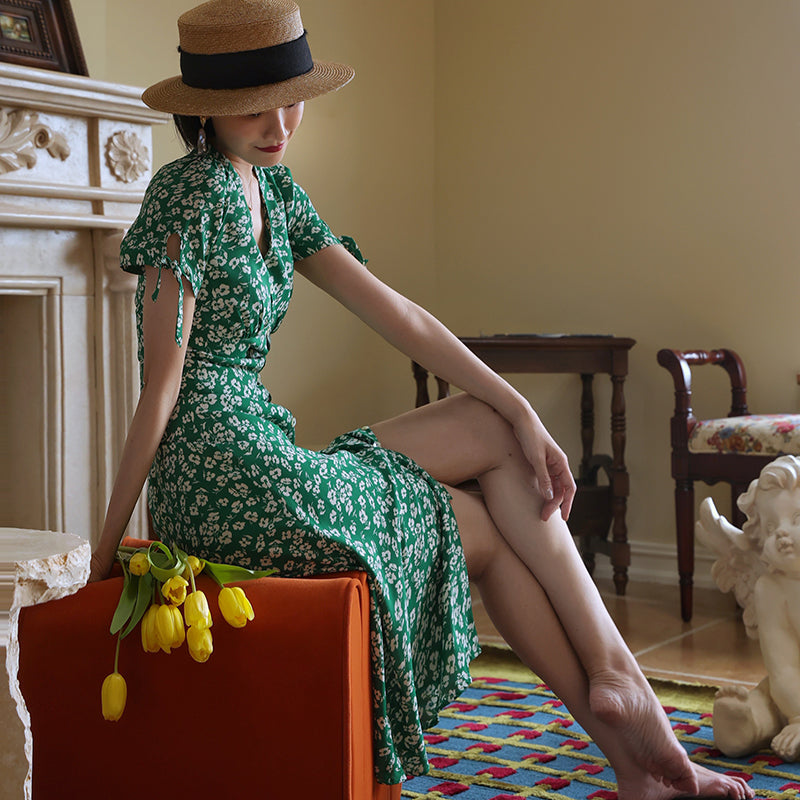 Green Bouquet French Retro Dress