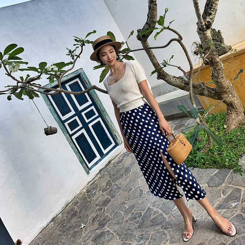 Navy blue polka dot asymmetric skirt