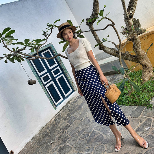 Navy blue polka dot asymmetric skirt