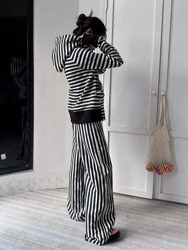 Striped Zipper Hooded Sweat Jacket & Pants Setup【s0000004162】