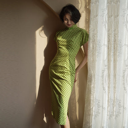 yellow green cheongsam dress